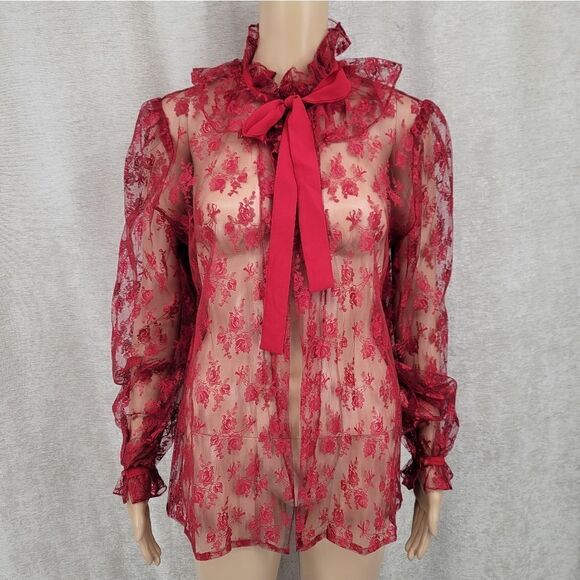 French Cherry Red See Through Lace Coquette Girl Long Sleeves Top Jacket - Picture 1 of 15